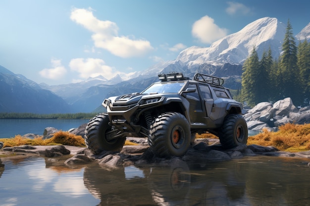 Free photo photorealistic view of off-road car with nature terrain and weather conditions