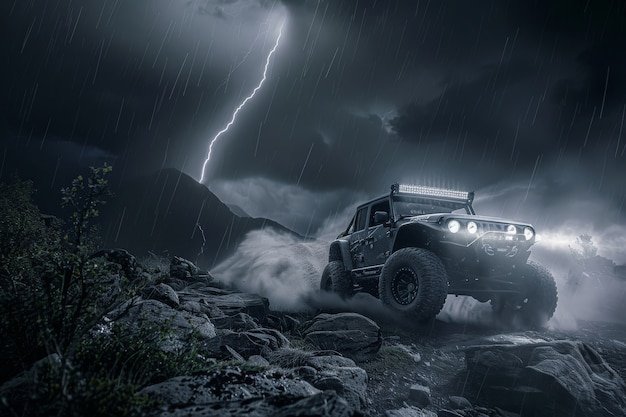 Free photo photorealistic view of off-road car with nature terrain and weather conditions