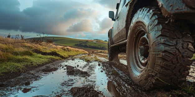 Foto gratuita vista fotorealista di un'auto fuoristrada con terreno naturale e condizioni meteorologiche