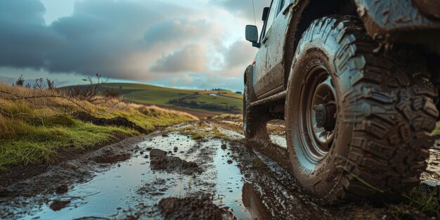 Photorealistic view of off-road car with nature terrain and weather conditions