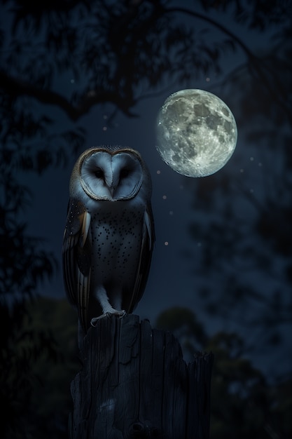 Photorealistic view of owl bird at night