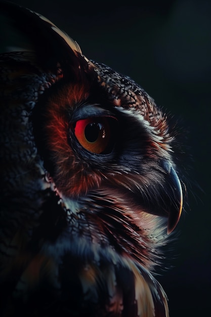 Photorealistic view of owl bird at night