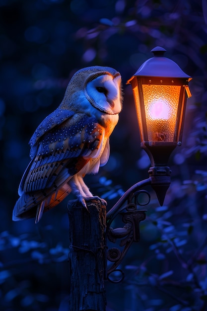 Photorealistic view of owl bird at night