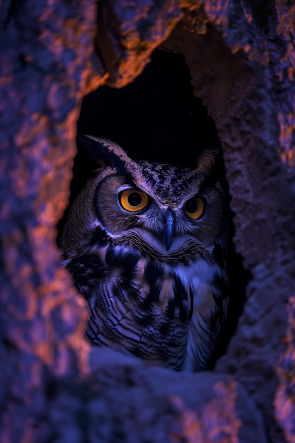 Photorealistic view of owl bird at night
