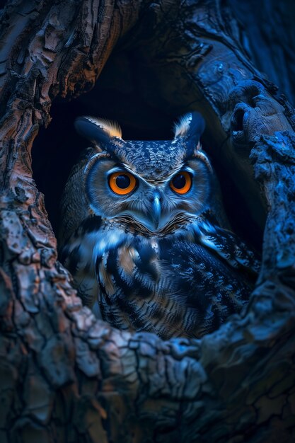 Photorealistic view of owl bird at night
