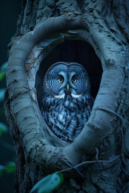 Photorealistic view of owl bird at night