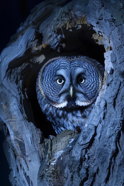 Photorealistic view of owl bird at night