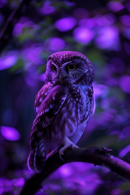 Photorealistic view of owl bird at night