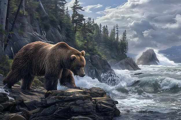 Photorealistic view of wild bear in its natural environment