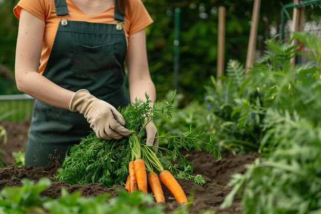 Foto gratuita vista fotorealista di una donna che raccoglie in un giardino biologico sostenibile