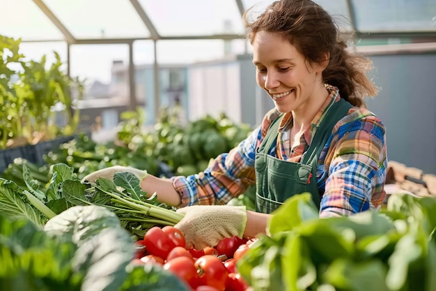 Foto gratuita vista fotorealista di una donna che raccoglie in un giardino biologico sostenibile