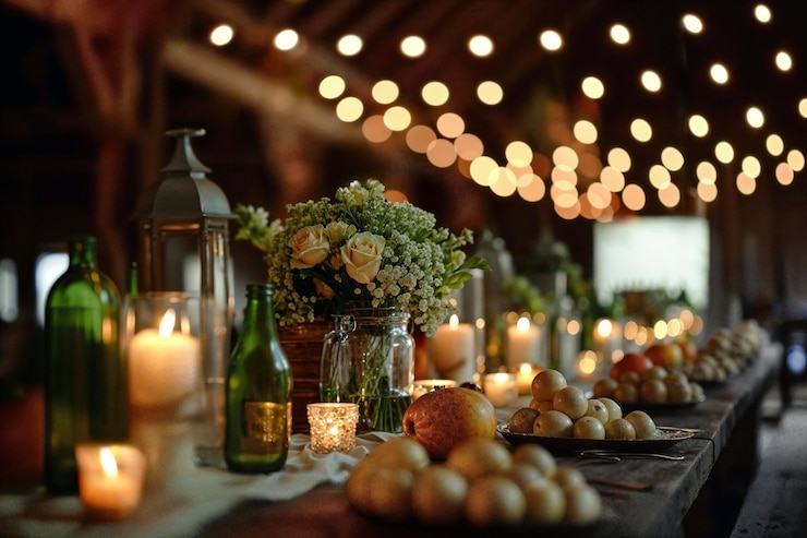 Photorealistic wedding venue with intricate decor and ornaments