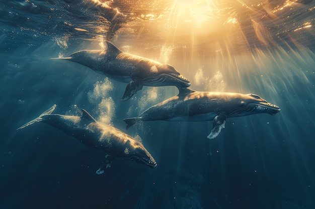 Фотореалистичный кит, пересекающий океан