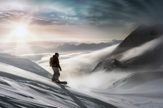 Фотореалистичная зимняя сцена с людьми, катающимися на сноуборде