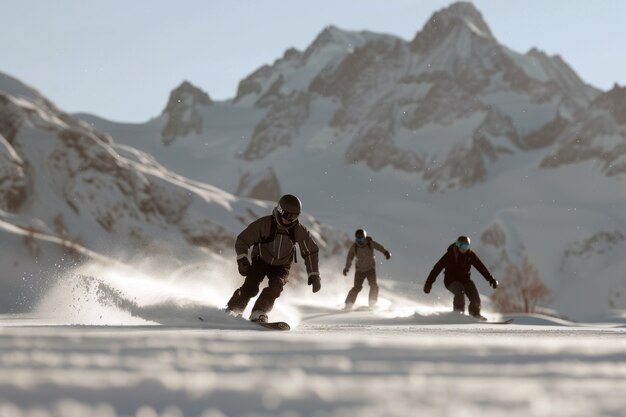スノーボードをしている人々が写実的な冬のシーン