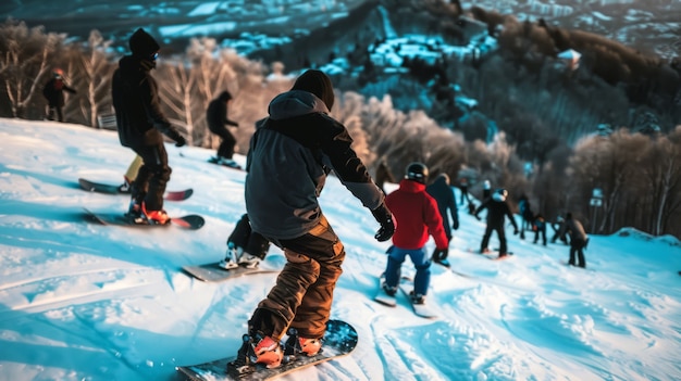 Photorealistic wintertime scene with people snowboarding