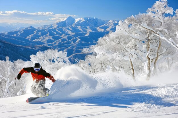 Фотореалистичная зимняя сцена с людьми, катающимися на сноуборде