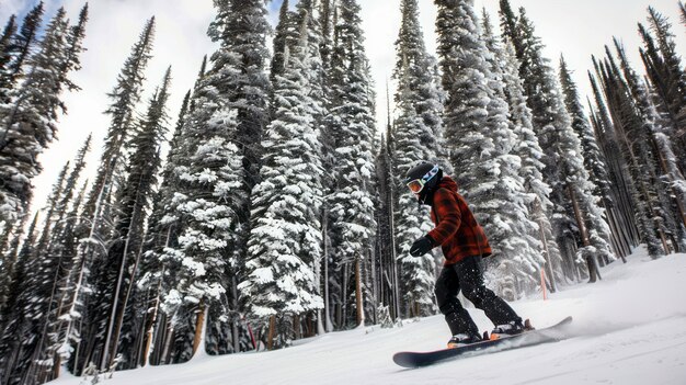 Photorealistic wintertime scene with people snowboarding