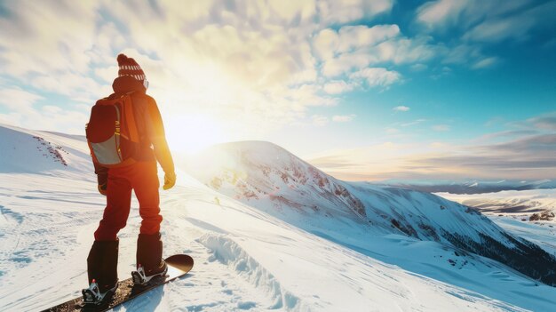 Photorealistic wintertime scene with people snowboarding