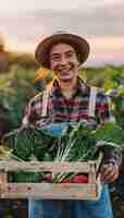 Бесплатное фото photorealistic woman in an organic sustainable garden harvesting produce