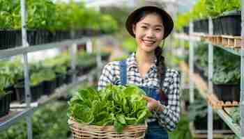 無料写真 photorealistic woman in an organic sustainable garden harvesting produce