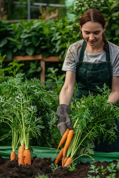 Photorealistic woman in an organic sustainable garden harvesting produce