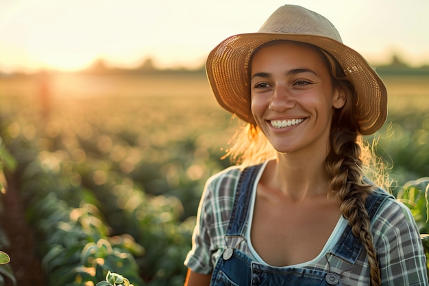 Foto gratuita donna fotorealista in un giardino biologico sostenibile che raccoglie prodotti