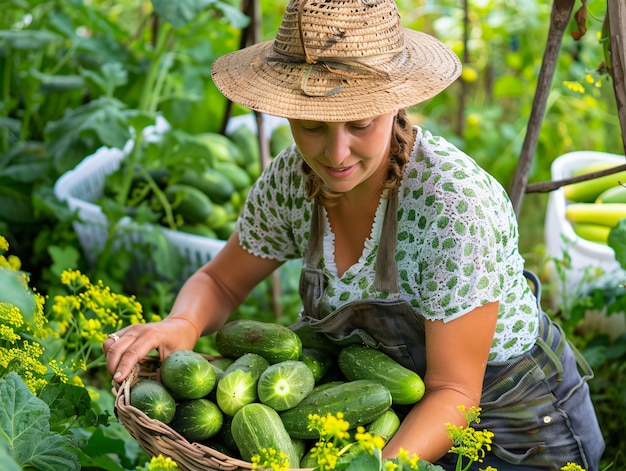 オーガニック・サステナブル・ガーデンで農産物を収するフォトリアリストの女性