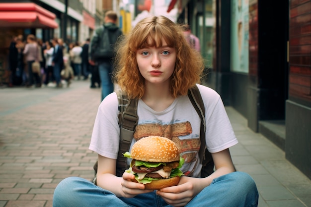ハンバーガーを食べている現実的な女性