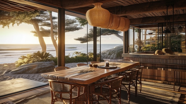 Бесплатное фото Фотореалистичный интерьер деревянного дома с деревянным декором и мебелью