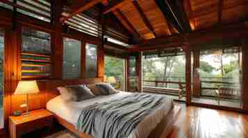 Free photo photorealistic wooden house interior with timber decor and furnishings