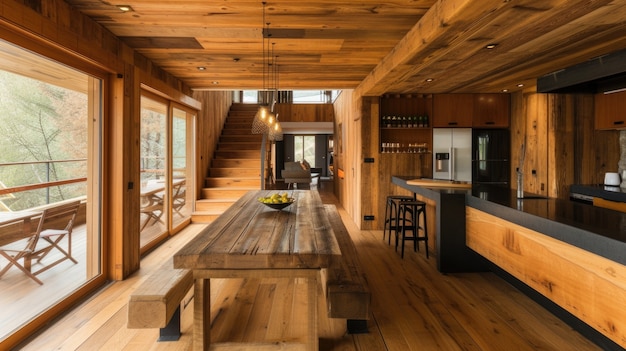 Photorealistic wooden house interior with timber decor and furnishings