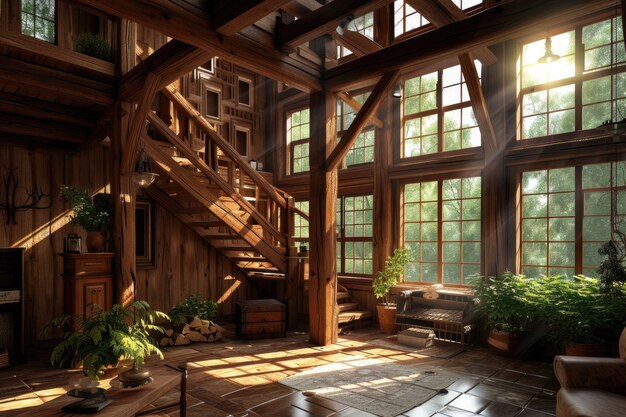 Photorealistic wooden house interior with timber decor and furnishings