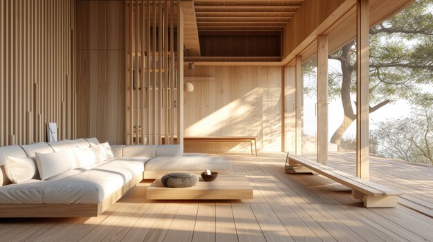 Фотореалистичный интерьер деревянного дома с деревянным декором и мебелью