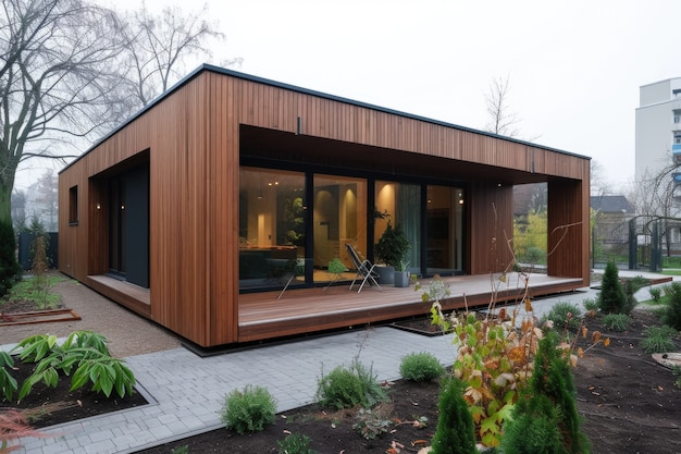 Photorealistic wooden house with timber structure