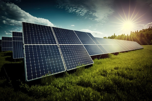 Солнечная фотоэлектрическая панель в поле, зеленая, чистая, альтернативная концепция энергии, генерирующая ИИ