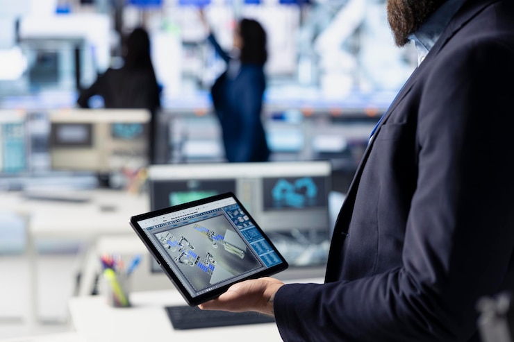 Free Photo photovoltaics factory technician creating cad solar modules models using tablet