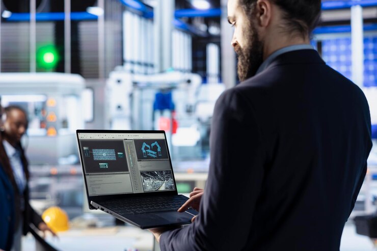 Free Photo photovoltaics factory technician optimizing production flow using laptop