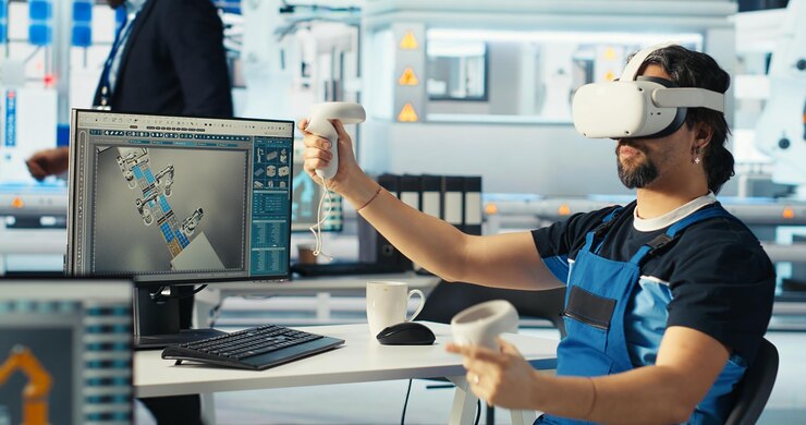 Free Photo photovoltaics factory technician using vr headset to adjust system parameters