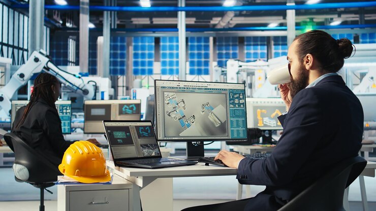 Photovoltaics factory worker monitors system performance drinking coffee