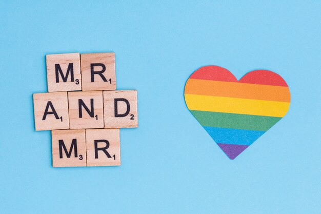 Phrase mr and mr on wooden blocks and lgbt heart