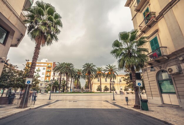 Piazza Maria Immacolata in the city of Taranto in the Apulia region of Italy. Square with palm trees in the center. In the historic center of the town.