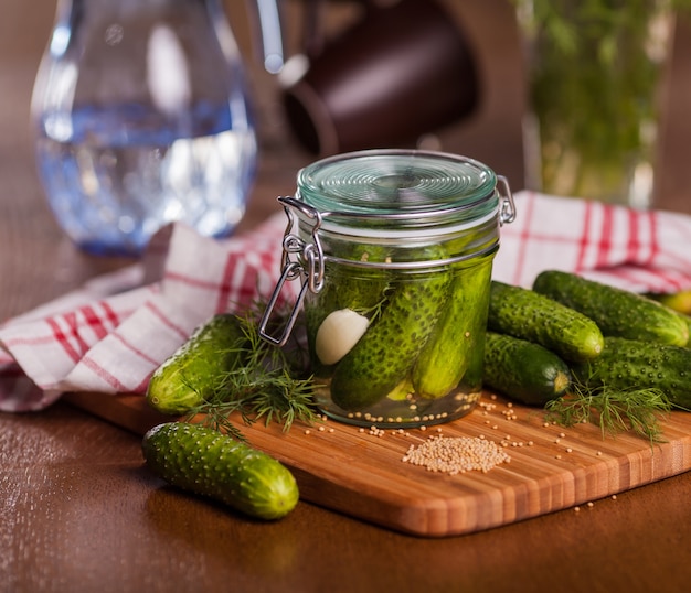 Pickled cucumbers in glass jar