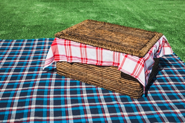 Picnic basket on checkered table cloth over green turf