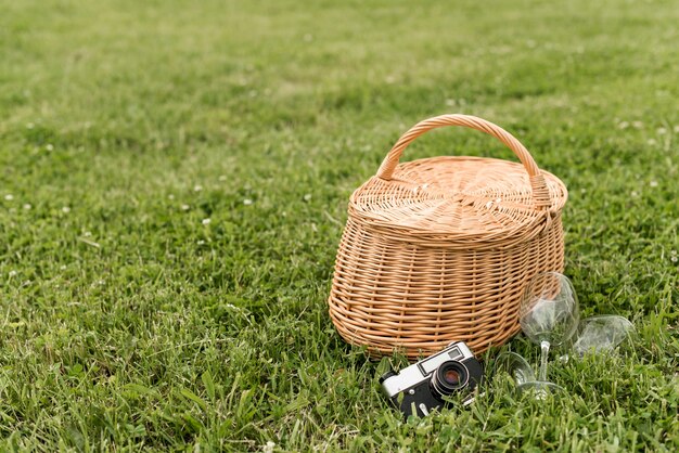 Picnic basket on park grass