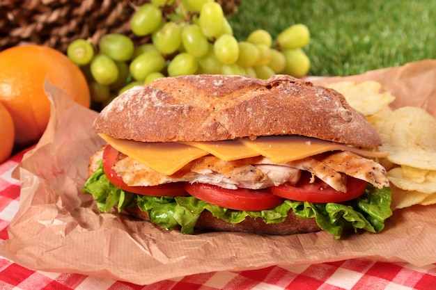 Picnic basket with delicious chicken baguette sandwich