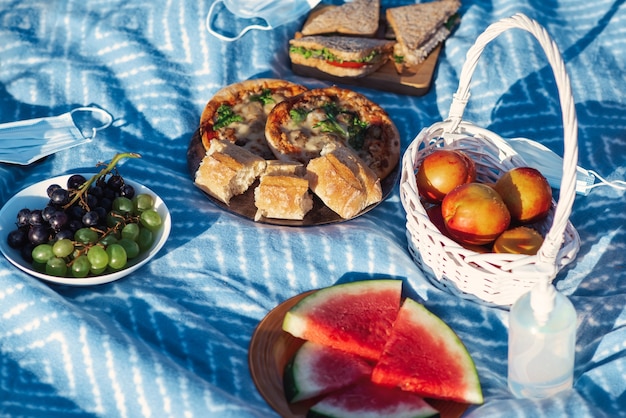 Foto gratuita coperta da picnic con golosità e disinfettante per le mani