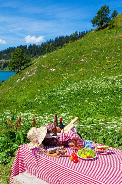 Picnic in french alps with lake