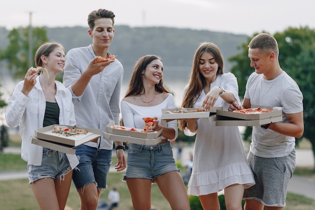 Amici da picnic con pizza e bevande in giornata di sole