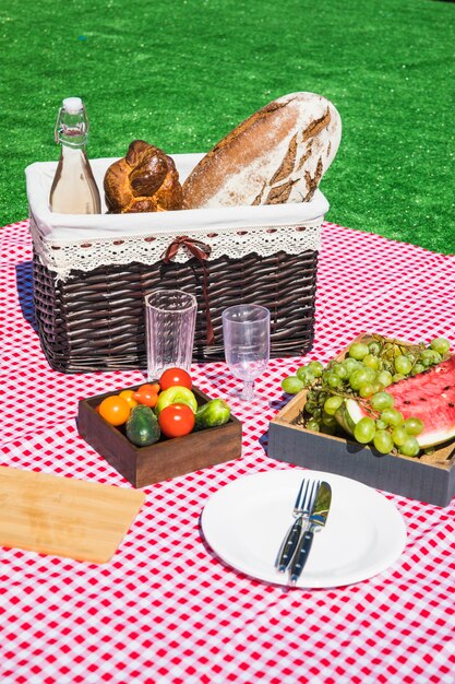 Picnic snack with vegetables and fruits on red blanket